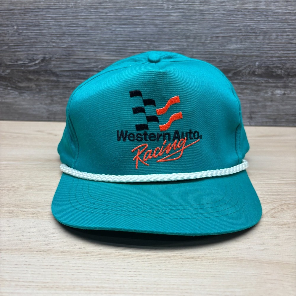 Vintage Western Auto Racing Hat Cap Snap Back Green Rope Brim NASCAR 90s Promo